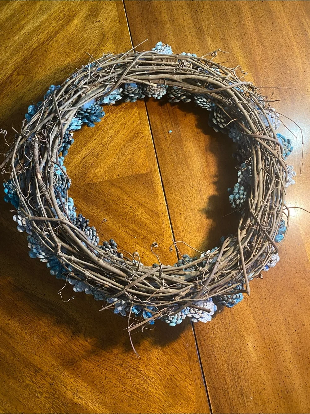 Decorative Teal and White Flower Pinecone Wreath 20”